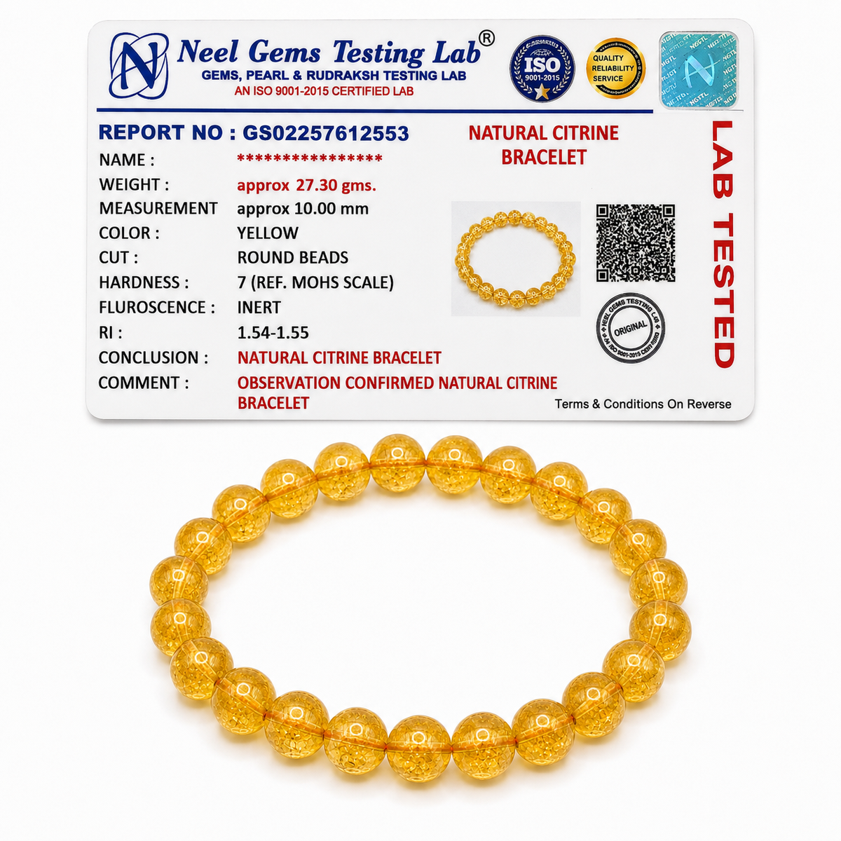 Citrine bracelet with its Neel Gems lab certificate confirming natural stone
