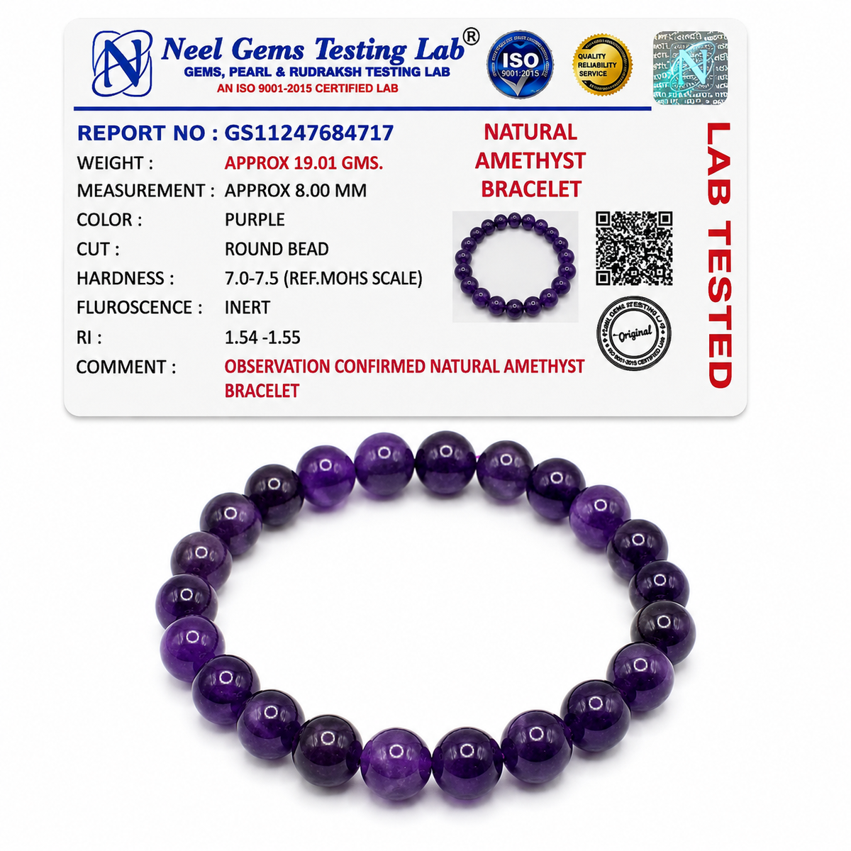 Amethyst bracelet with its Neel Gems lab certificate confirming natural stone