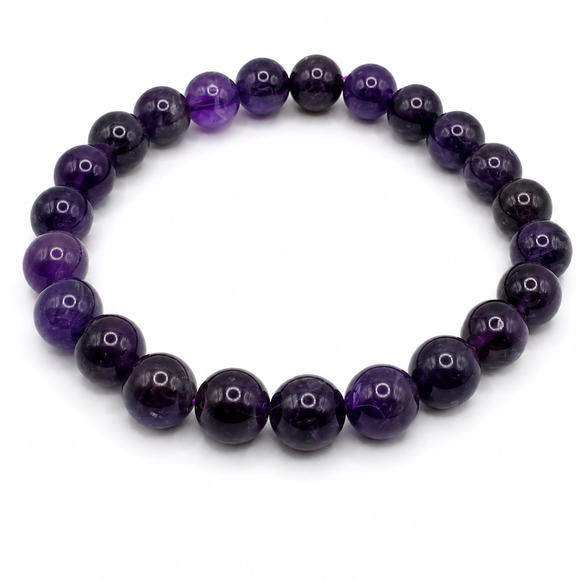 Amethyst 8mm round bead bracelet shown flat on a white background