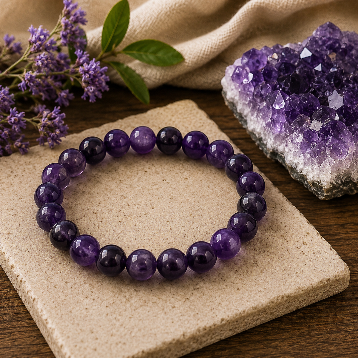 Amethyst bracelet resting on a stone coaster beside a raw amethyst crystal on linen and wood
