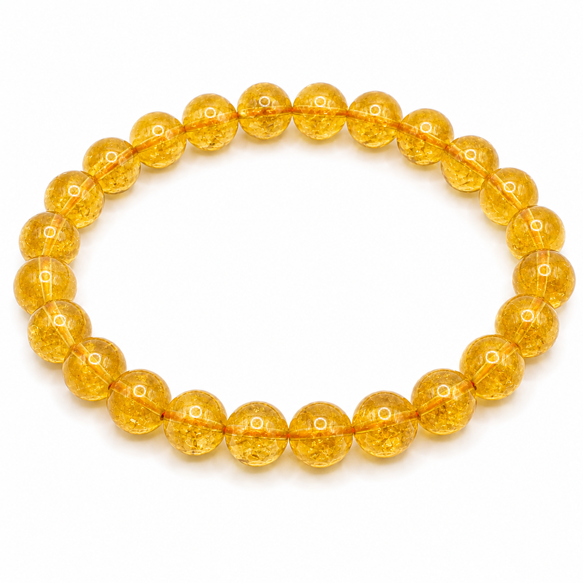 Citrine 8mm round bead bracelet shown flat on a white background