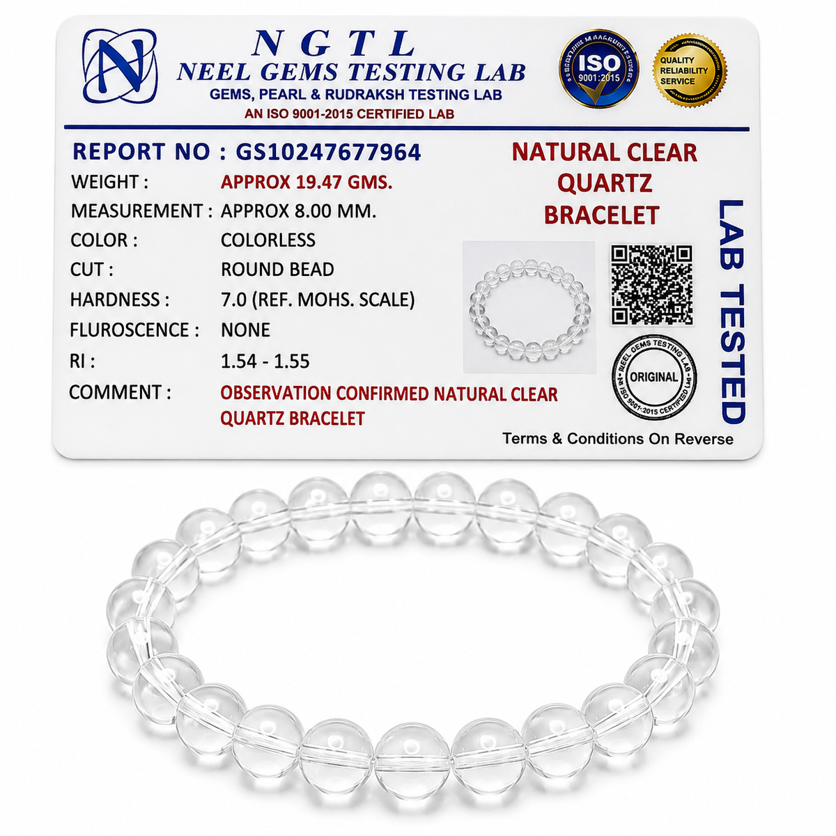 Clear quartz bracelet with its Neel Gems lab certificate confirming natural stone