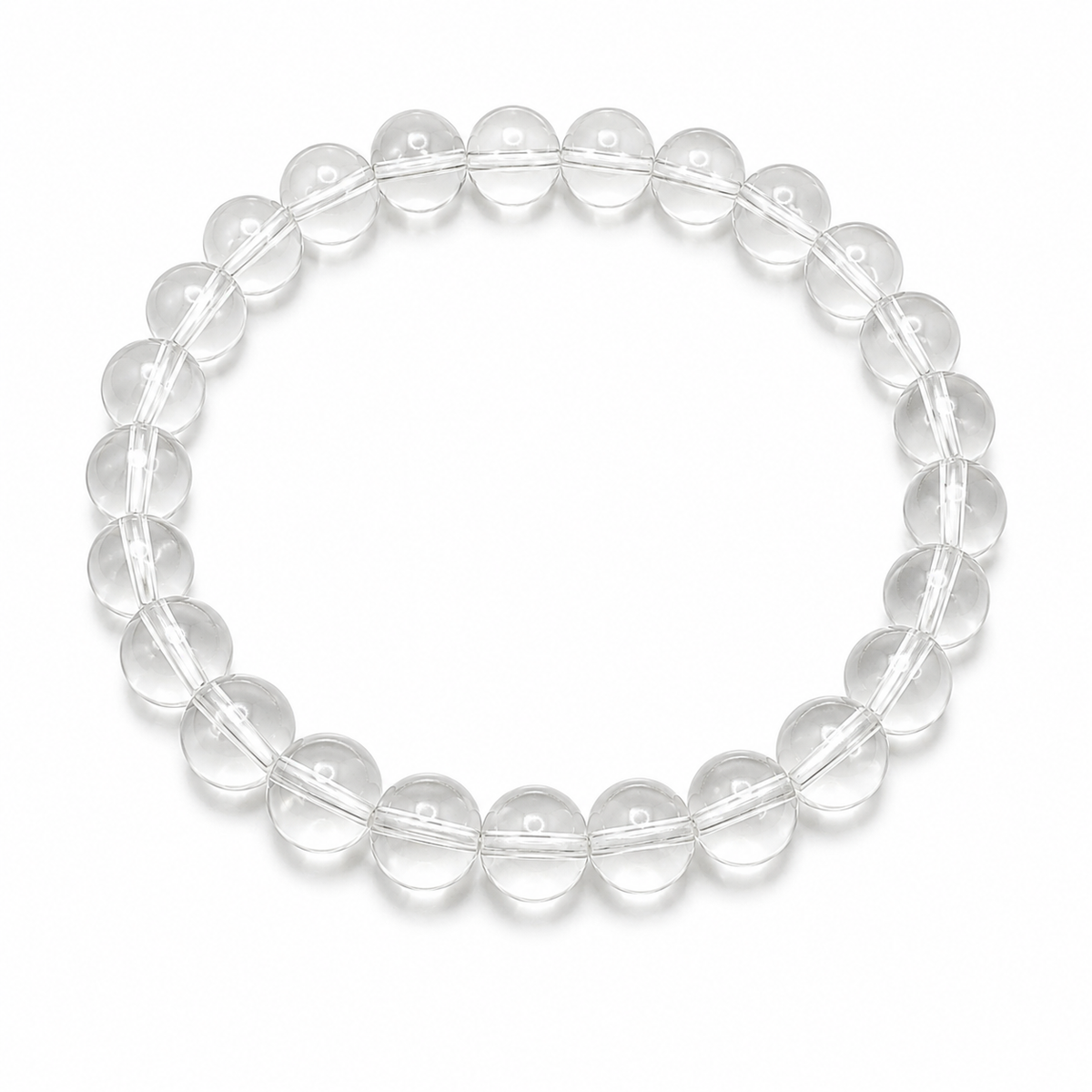 Clear quartz 8mm round bead bracelet shown flat on a white background