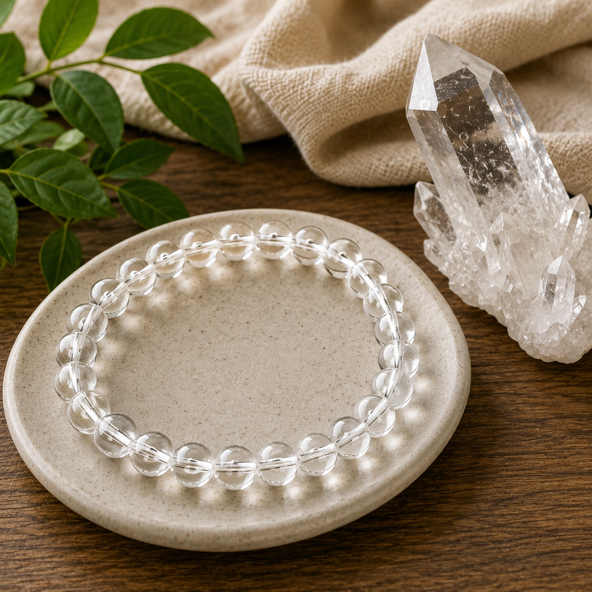 Clear quartz bracelet resting on a stone coaster beside a raw quartz crystal on linen and wood