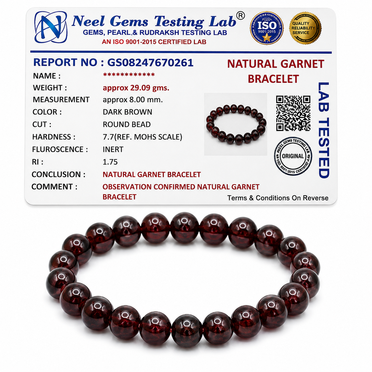 Garnet bracelet with its Neel Gems lab certificate confirming natural stone