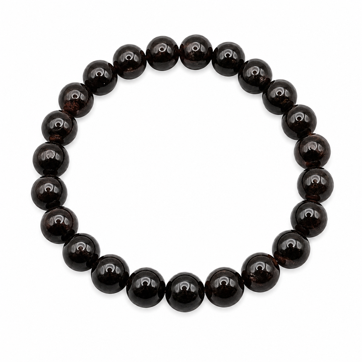 Garnet 8mm round bead bracelet shown flat on a white background