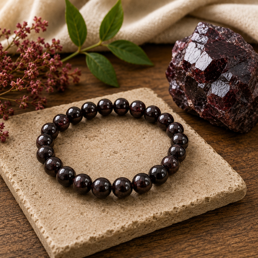 Garnet bracelet resting on a stone coaster beside a raw garnet crystal on linen and wood