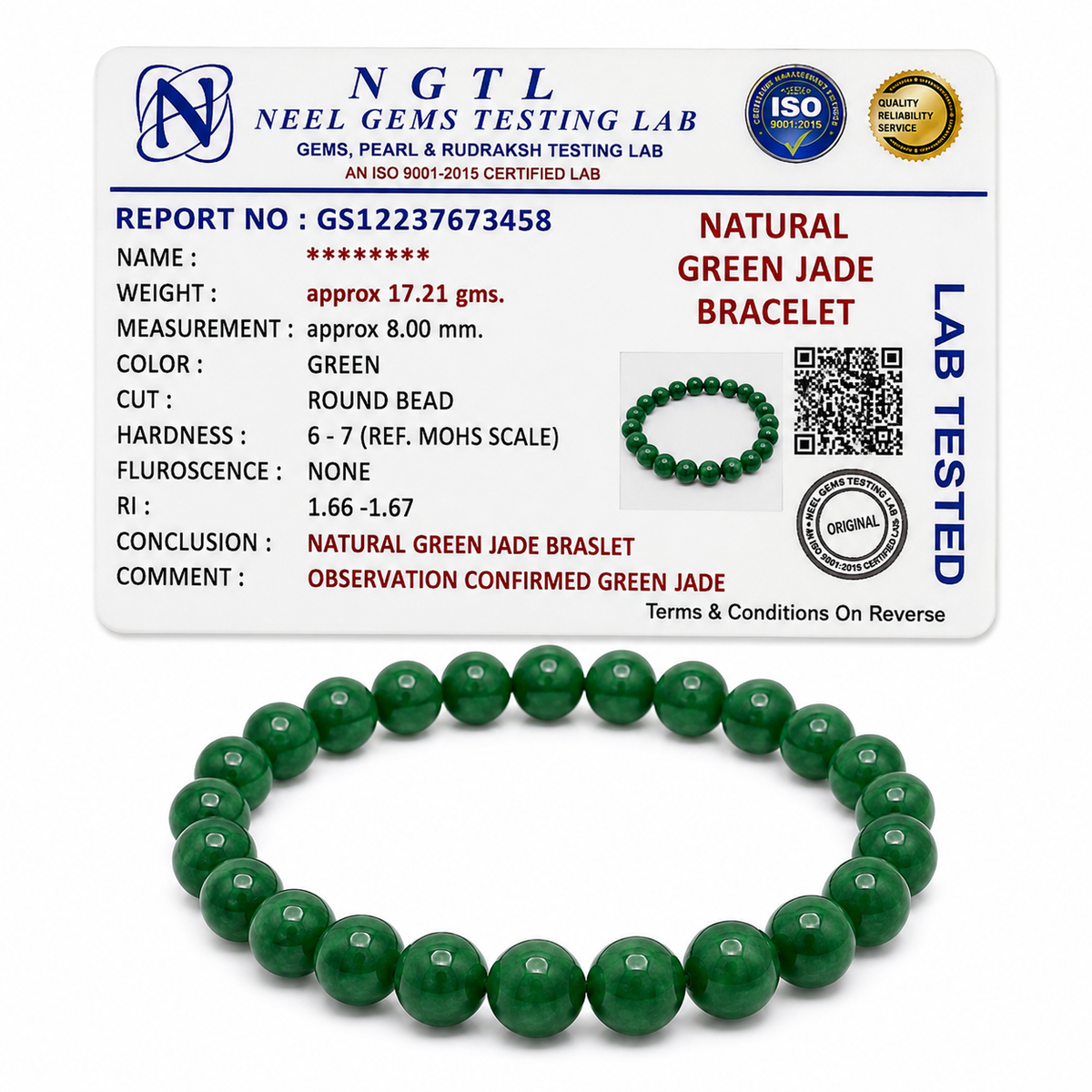 Green jade bracelet with its Neel Gems lab certificate confirming natural stone