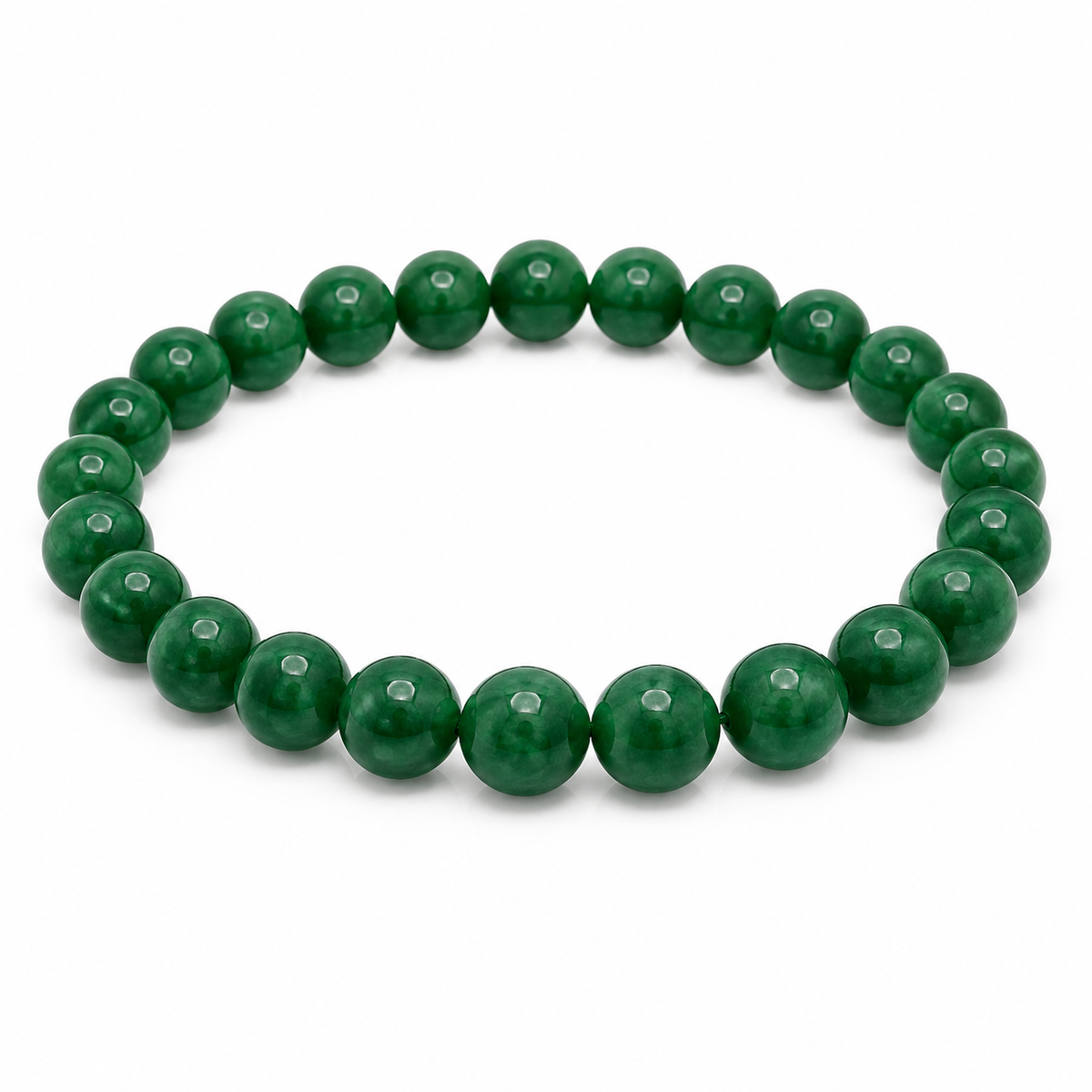 Green jade 8mm round bead bracelet shown flat on a white background
