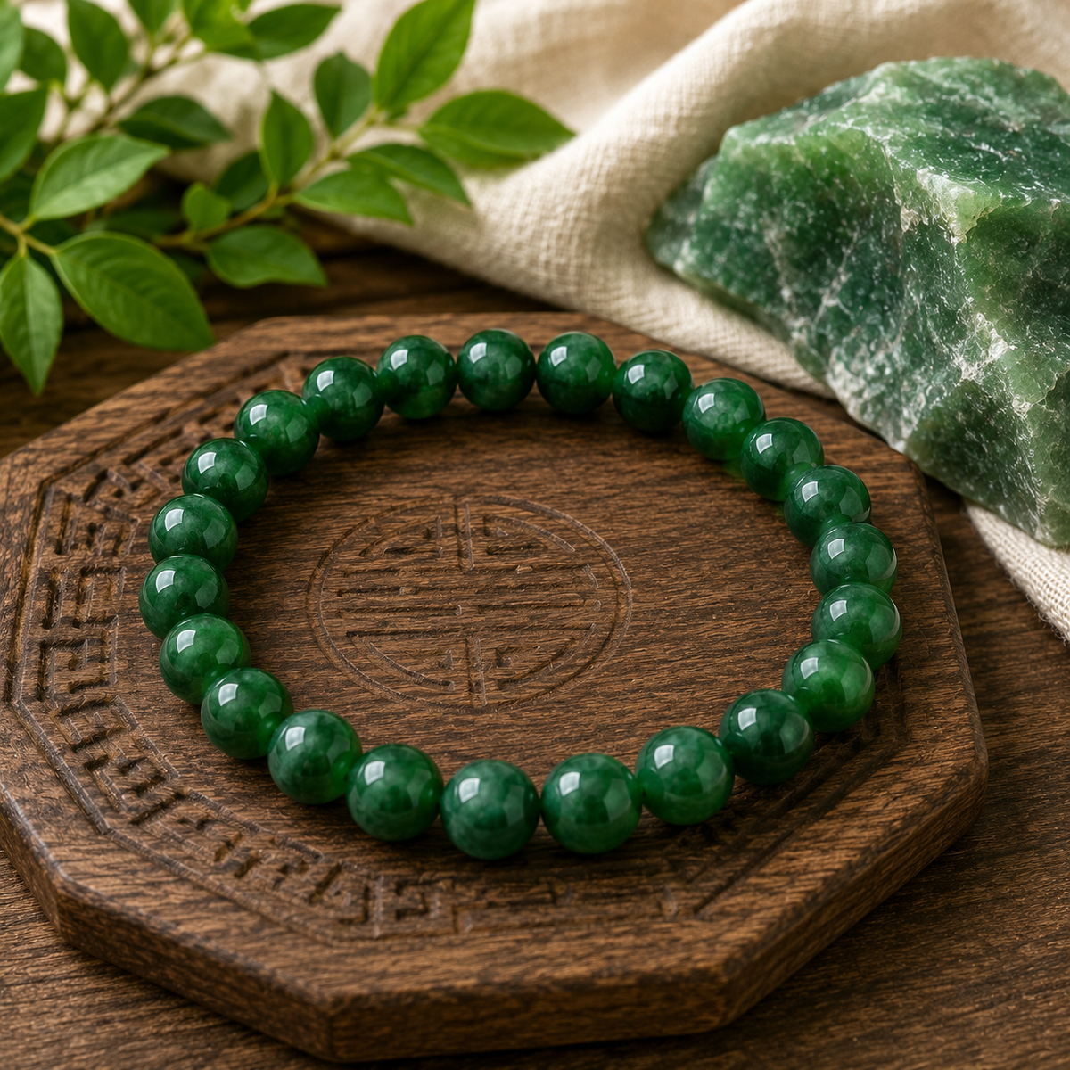 Green jade bracelet resting on a stone coaster beside a raw jade crystal on linen and wood