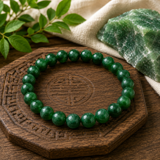 Green jade bracelet resting on a stone coaster beside a raw jade crystal on linen and wood