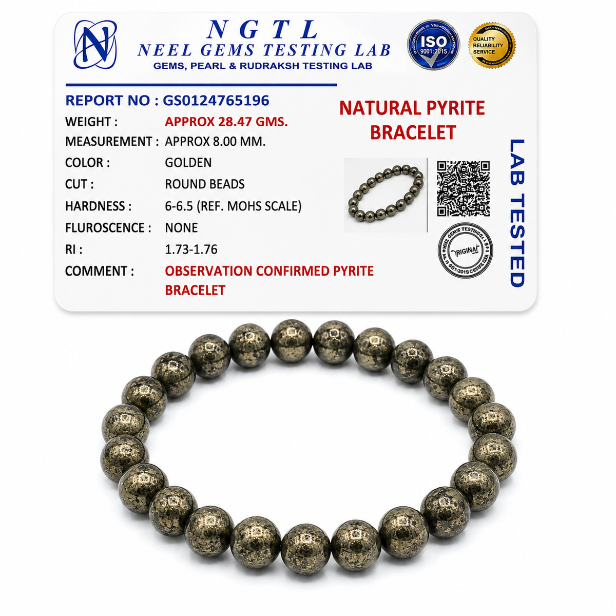 Pyrite bracelet with its Neel Gems lab certificate confirming natural stone
