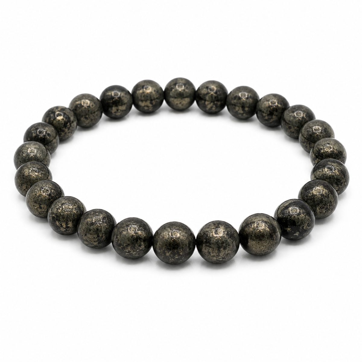 Pyrite 8mm round bead bracelet shown flat on a white background