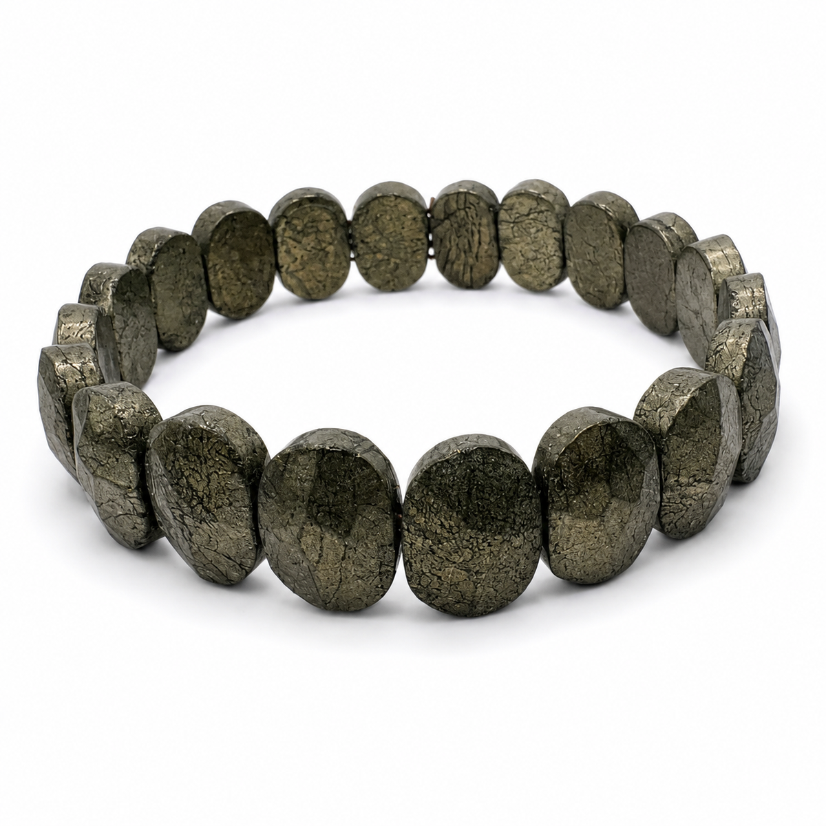 Pyrite bracelet with oval-cut metallic gold beads shown flat on a white background