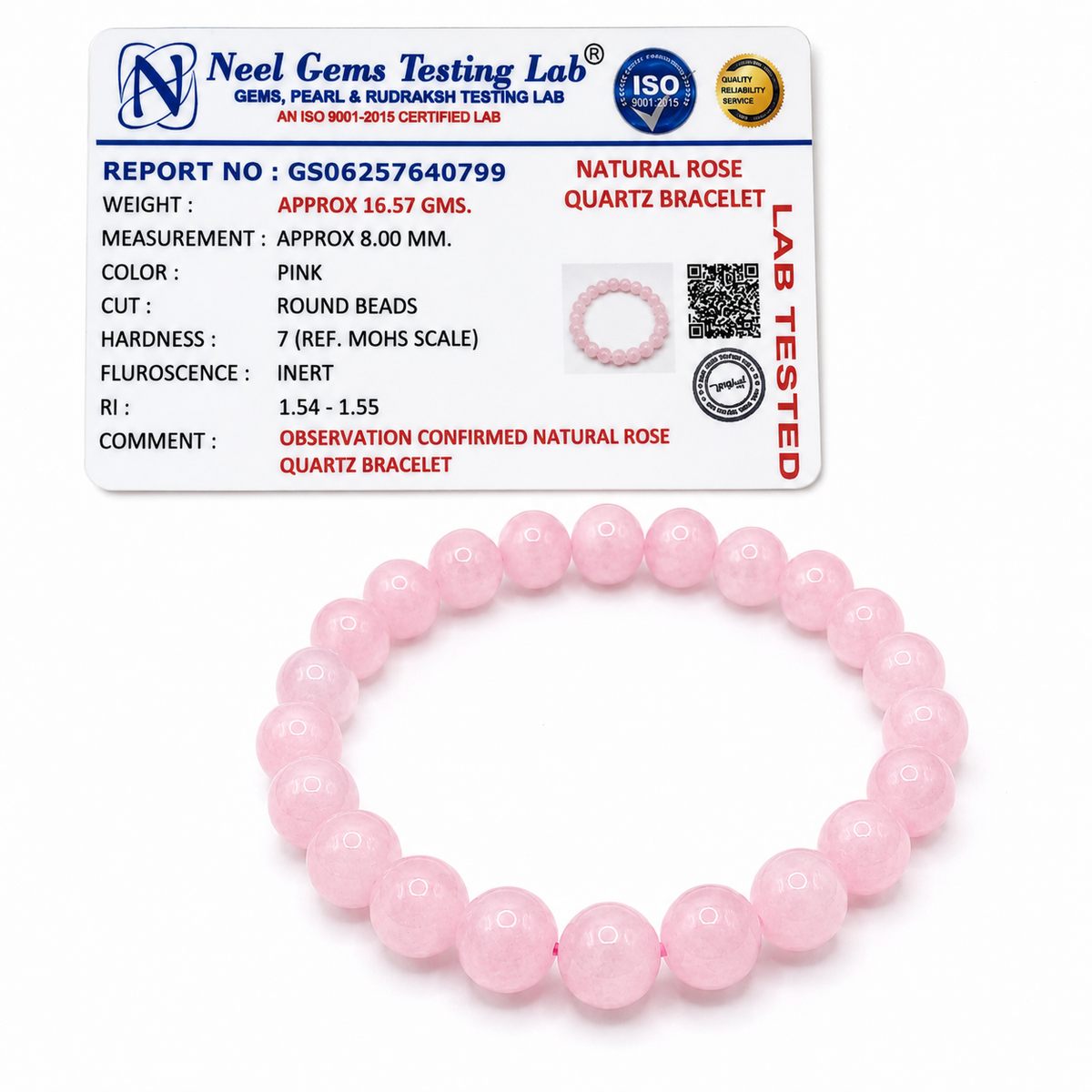 Rose quartz bracelet with its Neel Gems lab certificate confirming natural stone