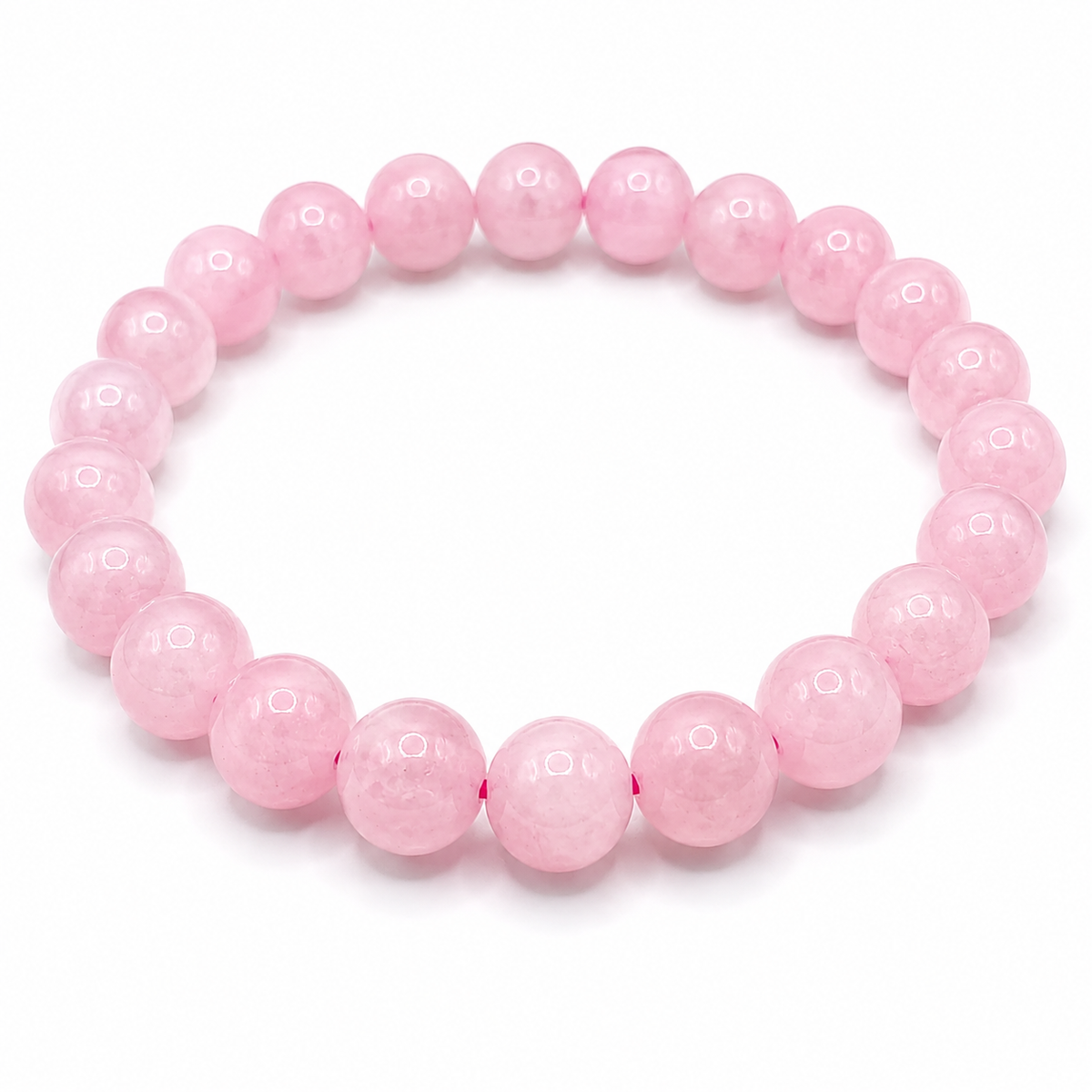 Rose quartz 8mm round bead bracelet shown flat on a white background