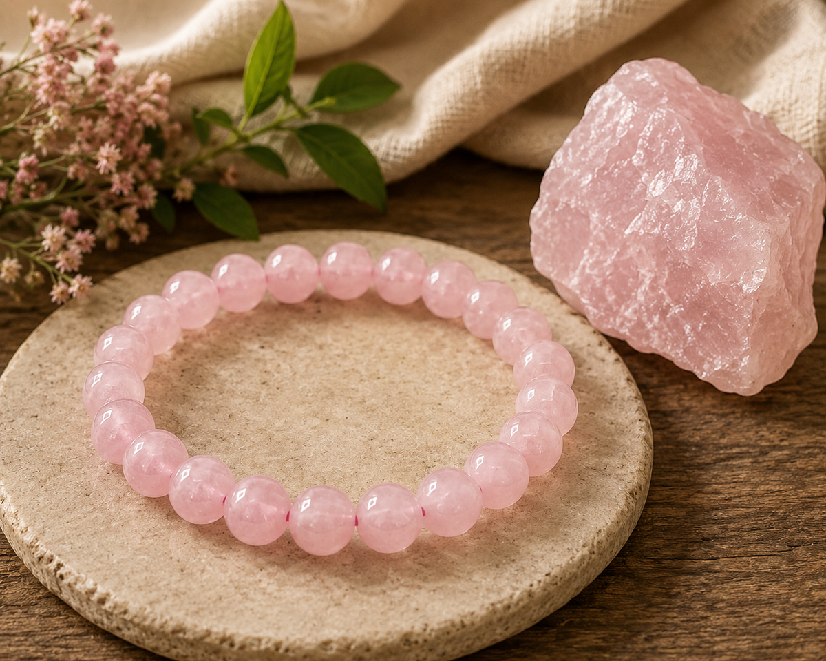 Rose quartz bracelet resting on a stone coaster beside a raw rose quartz crystal on linen and wood
