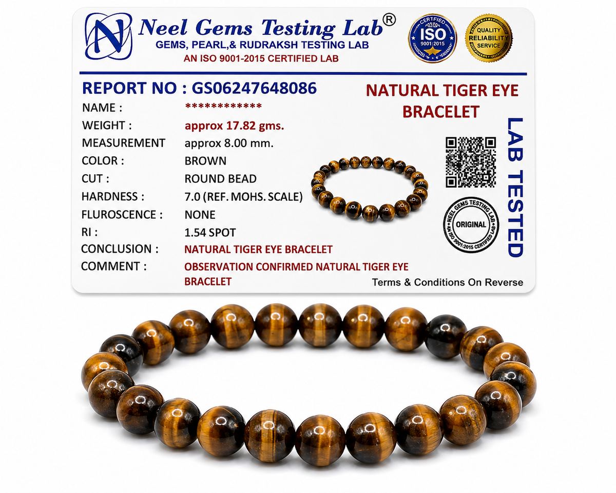 Tiger eye bracelet with its Neel Gems lab certificate confirming natural stone