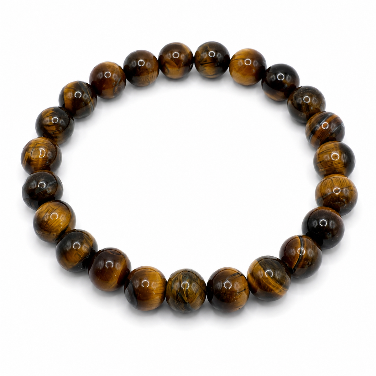 Tiger eye 8mm round bead bracelet shown flat on a white background
